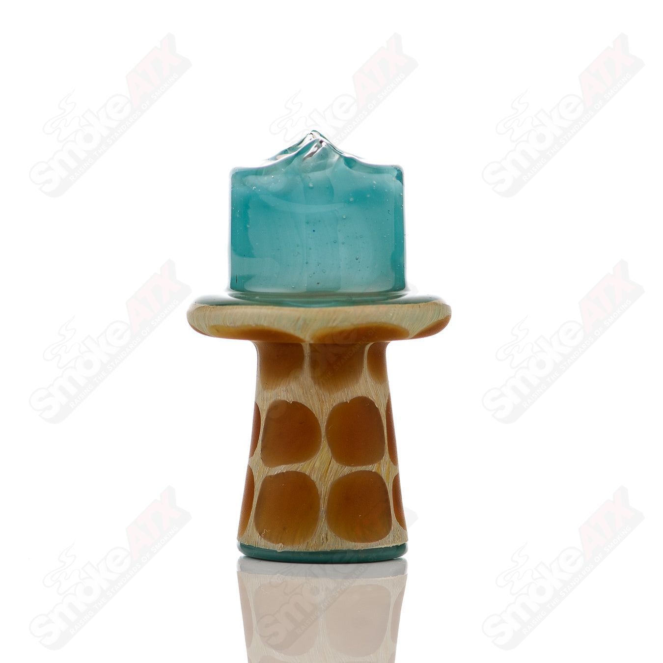 Turquoise giraffe-shaped spinner cap with pearl accents, designed for Robertson Glass heady glass carb collection.
