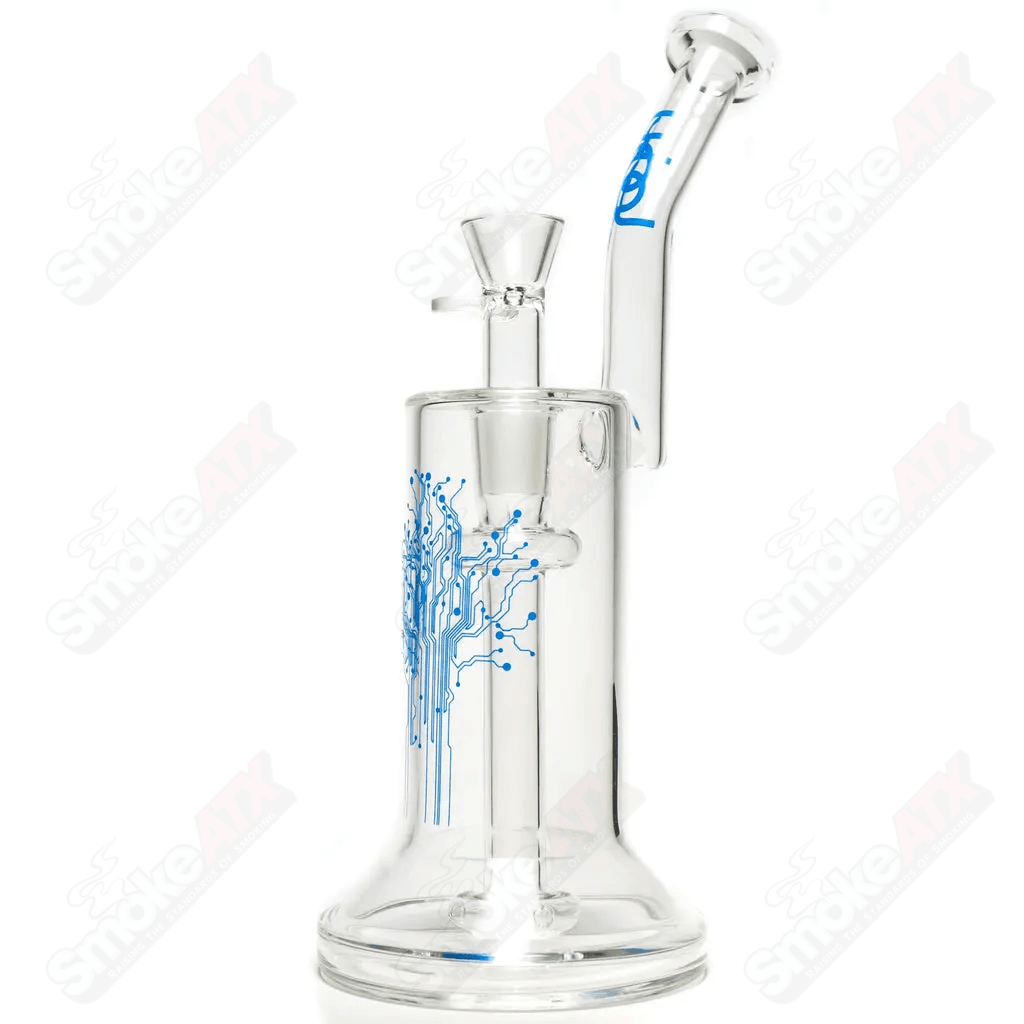 Urbal Technologies 18mm hybrid glass bubbler with 4-hole diffuser, showcasing clear glass construction and intricate diffuser design.