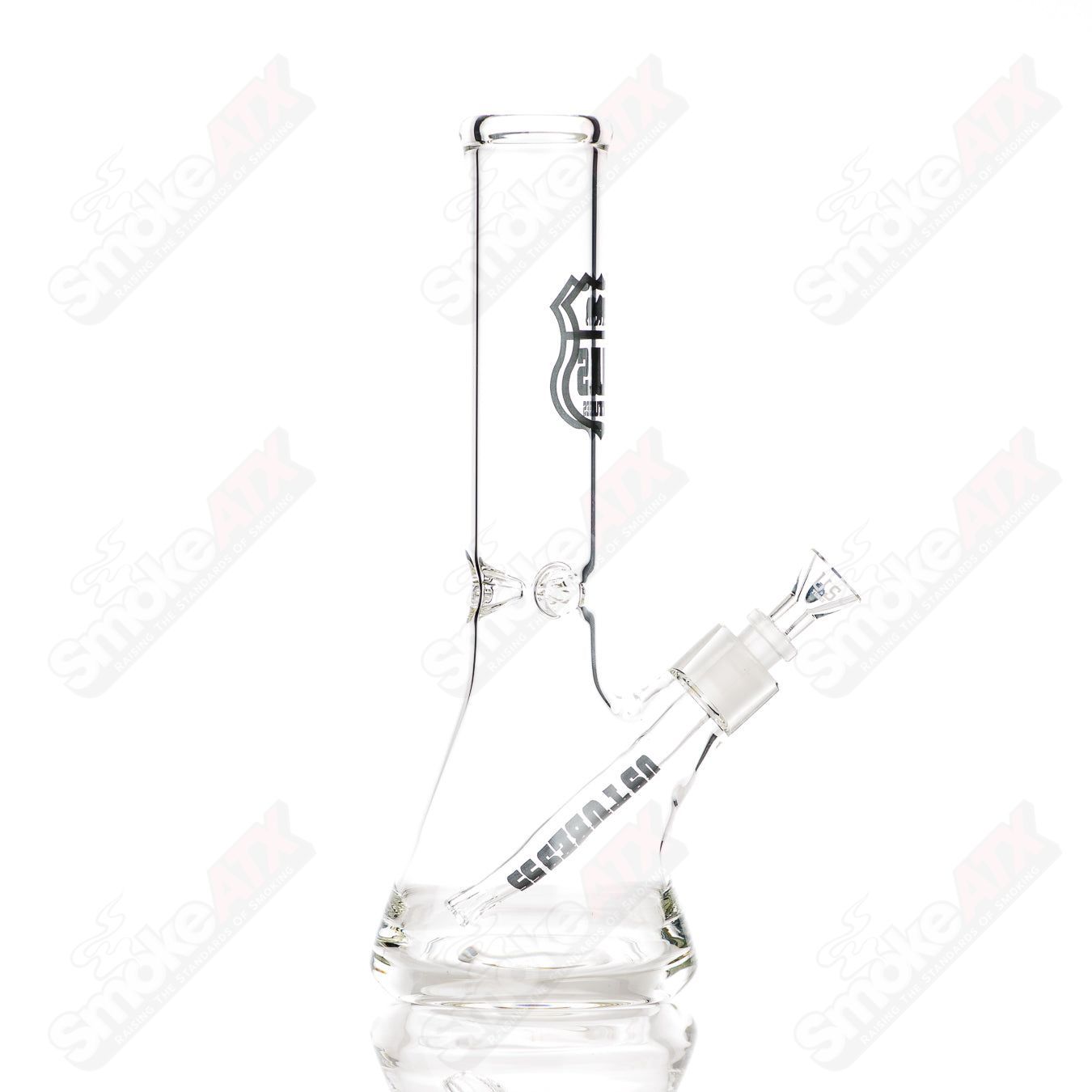 Us Tubes 12-inch glass beaker waterpipe with constriction, featuring a black highway decal design.