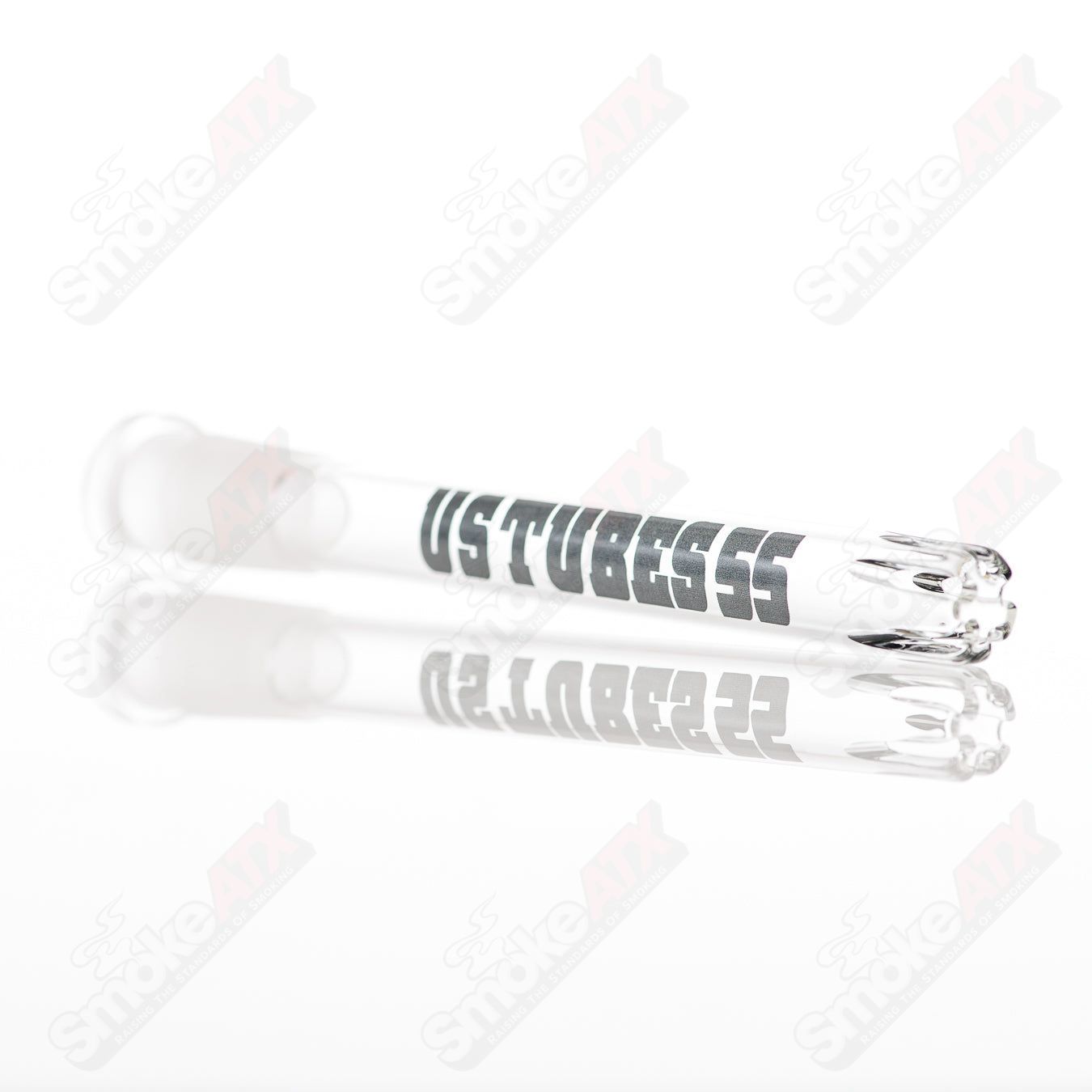 Glass 12-inch Us Tubes Beaker waterpipe with constriction design and black highway decal for a stylish look.