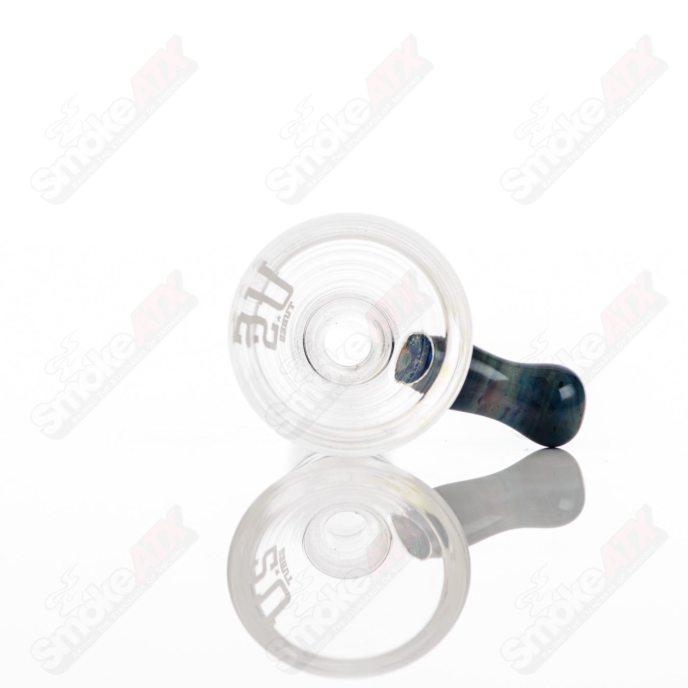 Glass waterpipe beaker from Us Tubes, 12-inch with 50x5 constriction and black highway decal design.