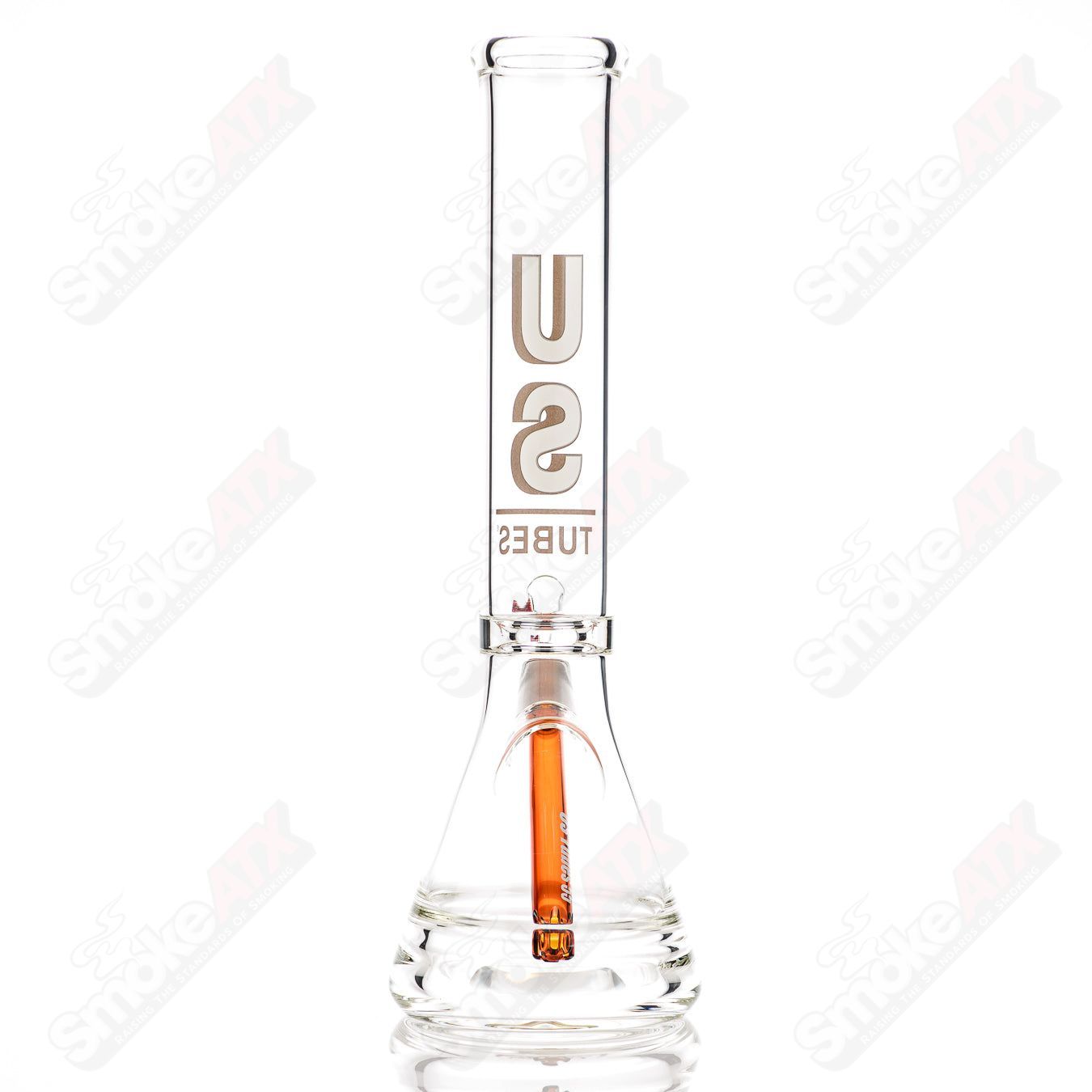 US Tubes 14-inch glass beaker waterpipe with brown shadow decal and constriction, showcasing a sleek, durable design.