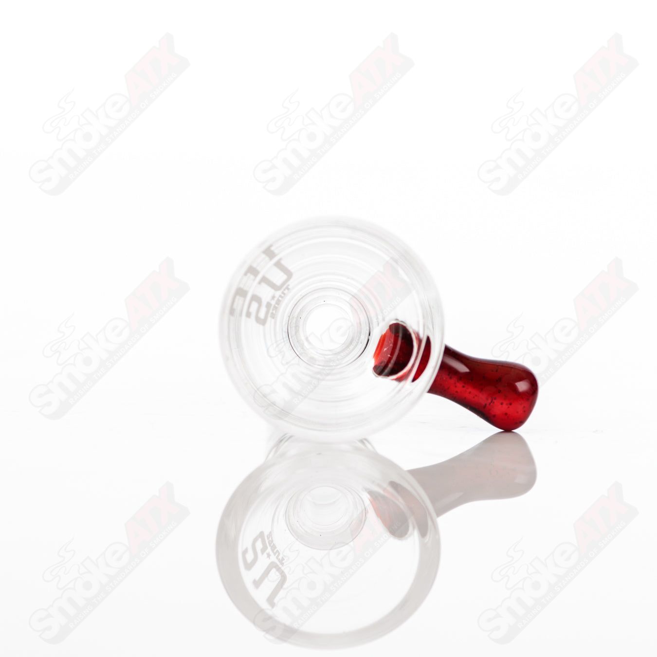 Glass US Tubes 14-inch beaker waterpipe with brown shadow decal and constriction design, featuring a clear glass body.