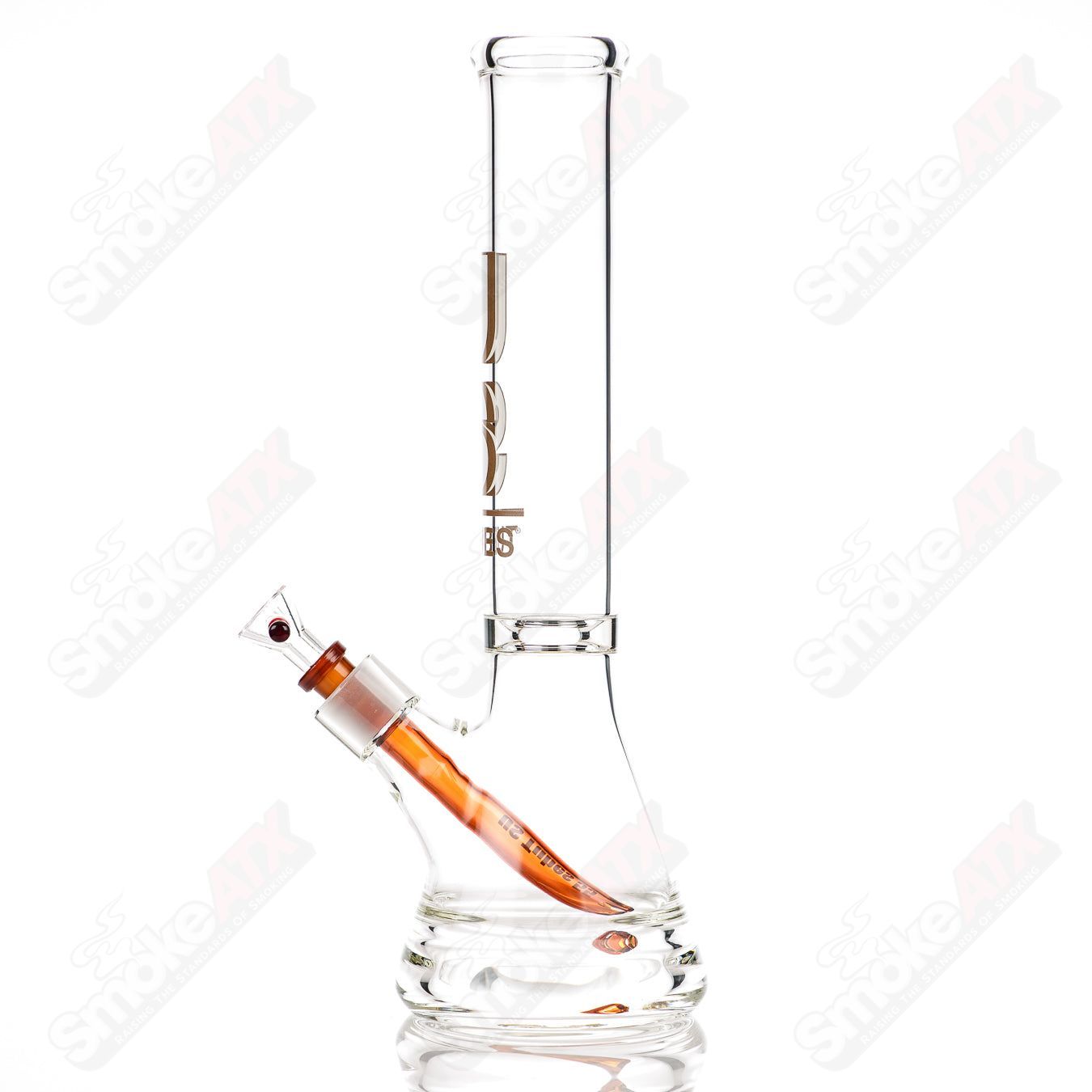 Glass US Tubes beaker waterpipe, 14-inch with 50x5 constriction and brown shadow decal, featuring a clear glass body with decorative accents.