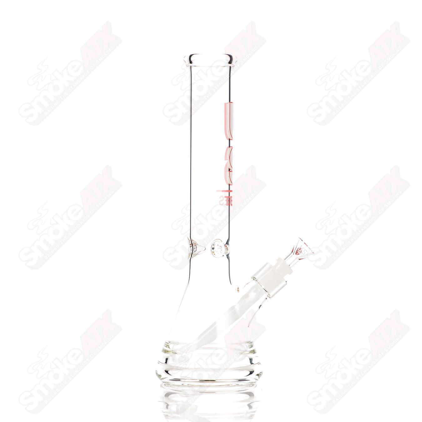 Glass US Tubes 14-inch beaker waterpipe with constriction and red shadow decal design.
