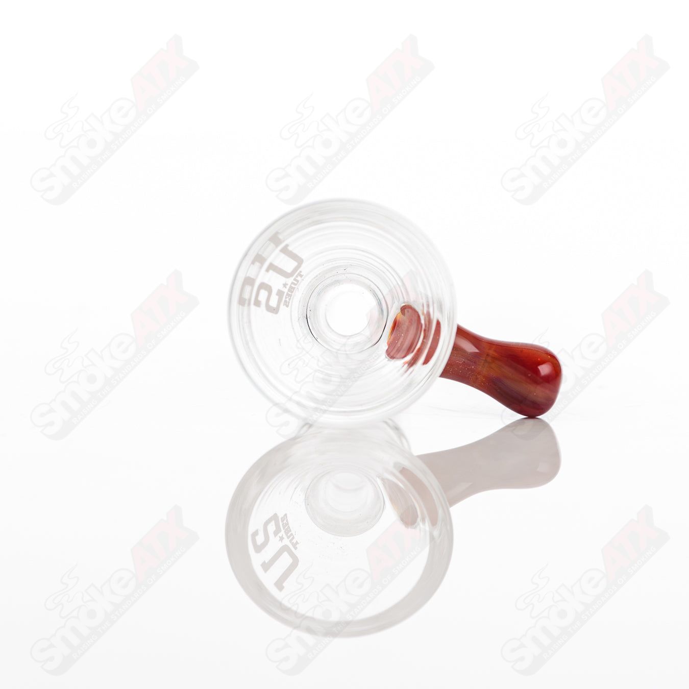 US Tubes 14-inch glass beaker waterpipe with red shadow decal and constriction design, featuring a 50x5 diameter.