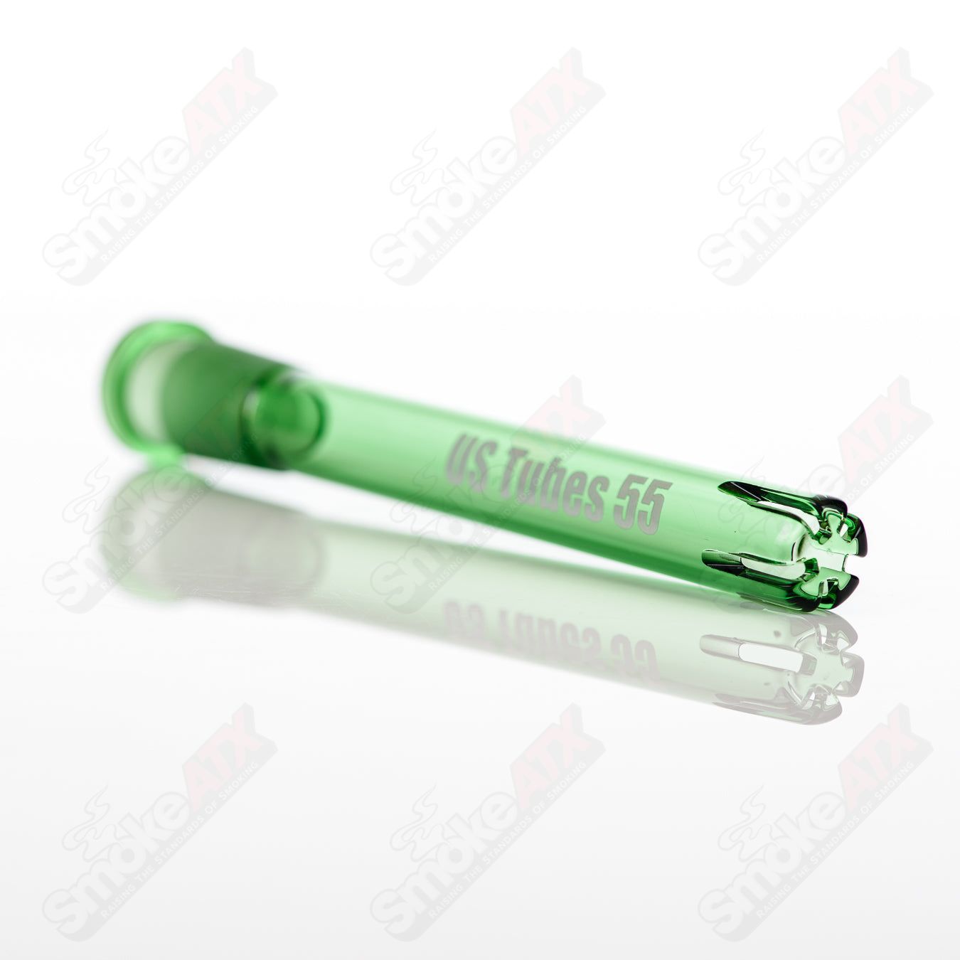 Green decal US Tubes beaker waterpipe, 17-inch glass with constriction design, featuring a 50x7 diameter.