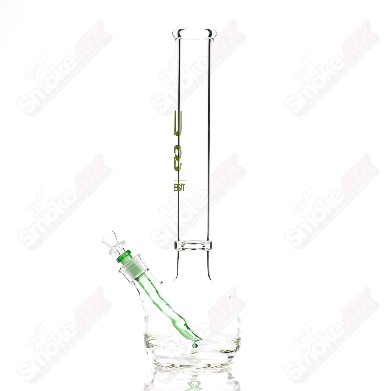 US Tubes 17-inch glass beaker waterpipe with green decal and constriction design, featuring a 50x7 inch size.