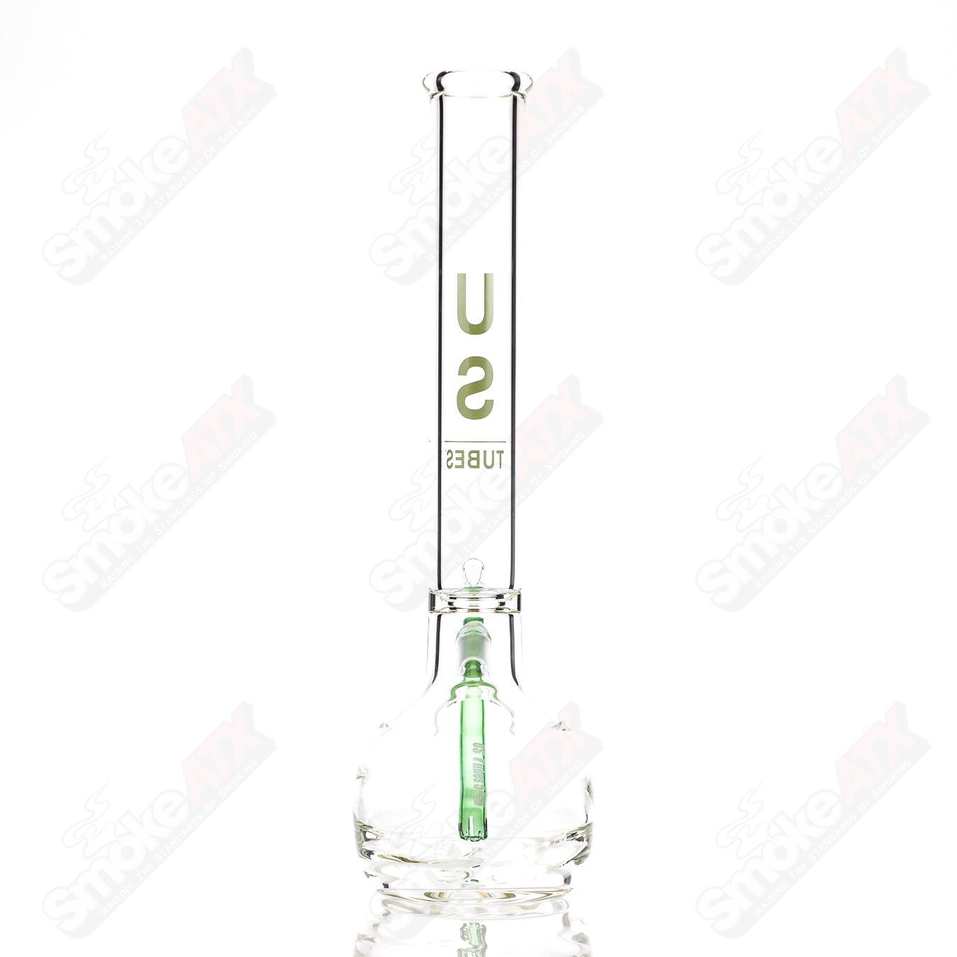 Glass US Tubes 17-inch beaker waterpipe with green decal and constriction design, featuring a 50x7 size and sturdy construction.