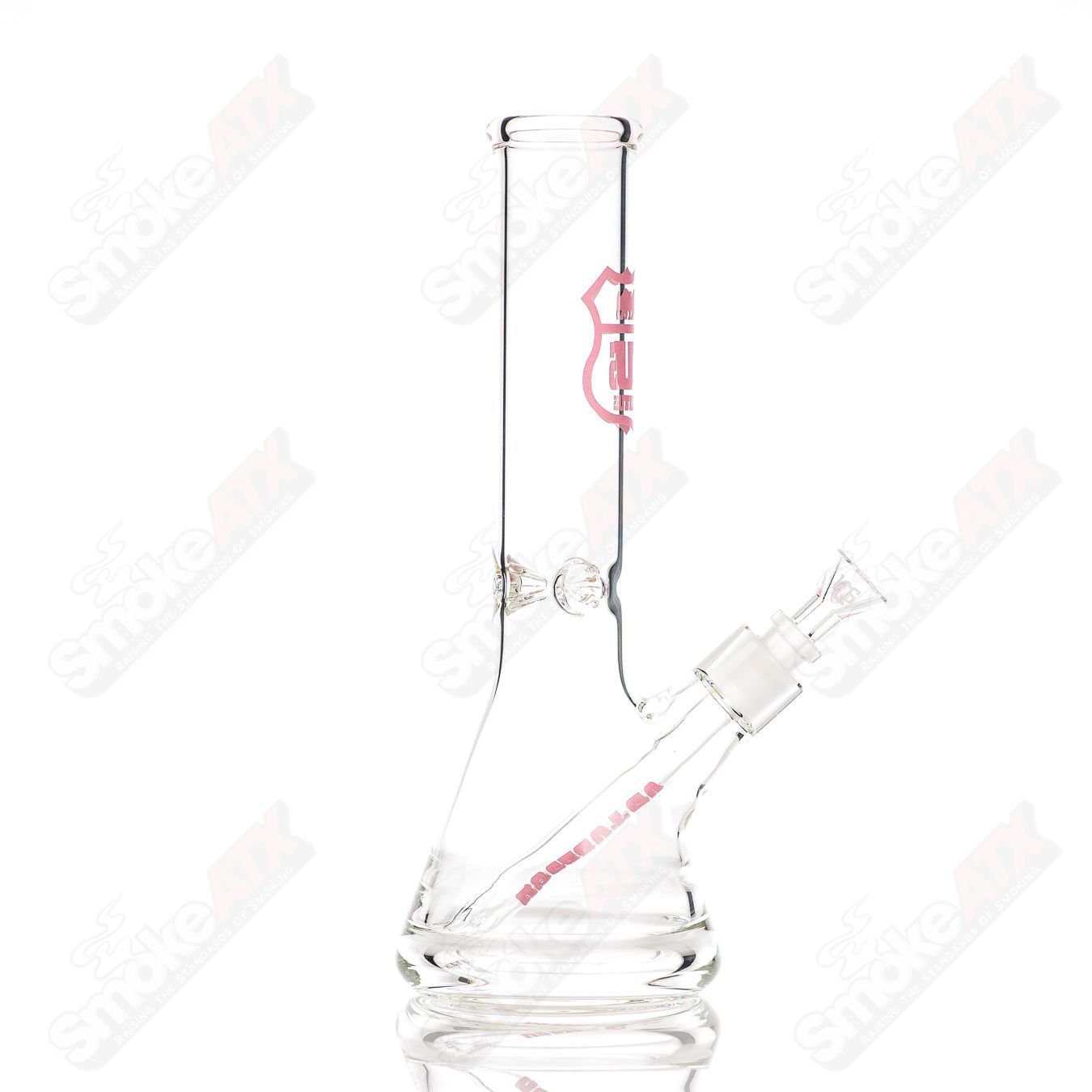 Glass waterpipe beaker by US Tubes with 12-inch constriction, pink highway decal design, showcasing the detailed glasswork.