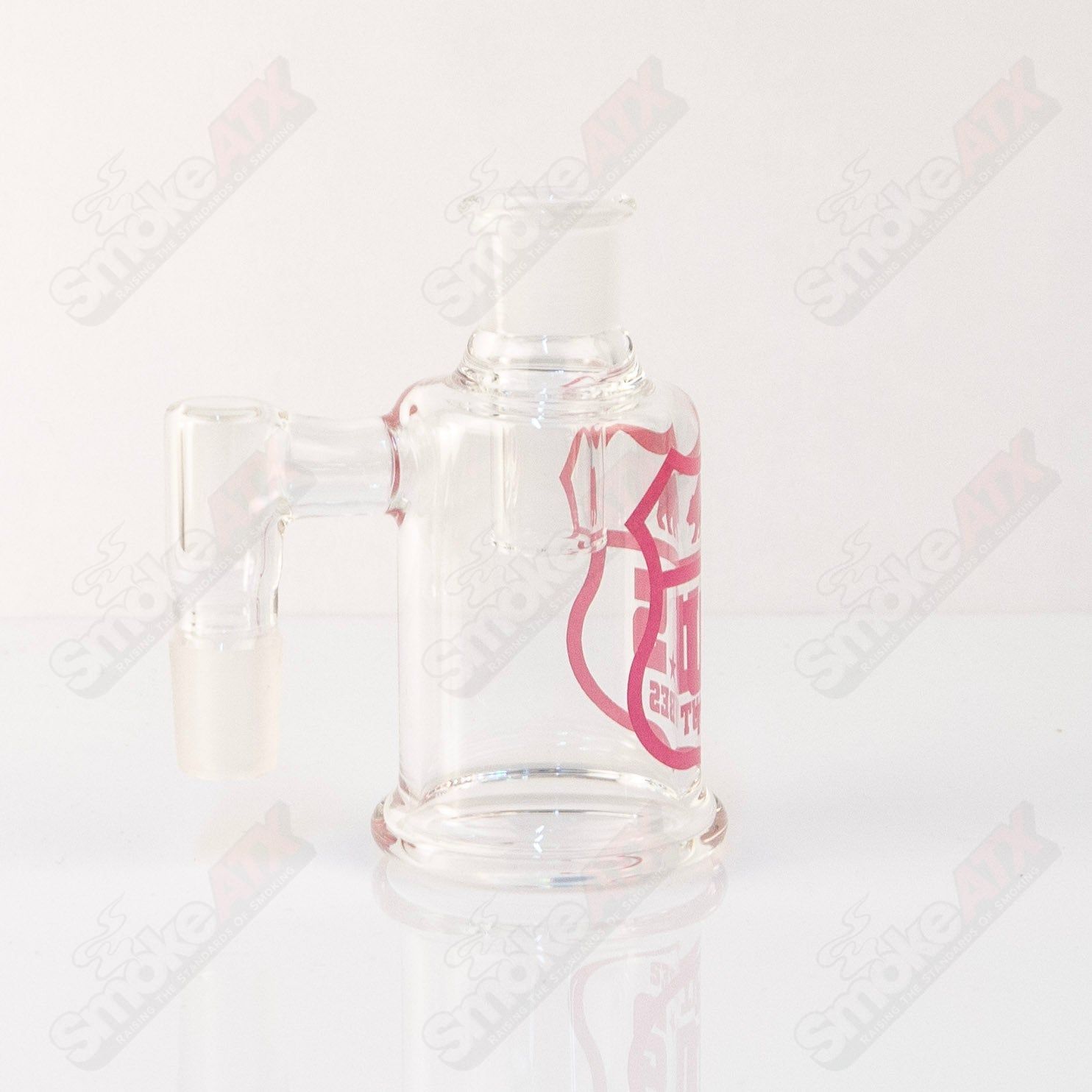 US Tubes 18mm Dry Catcher with pink shield decal, glass smoking accessory featuring 90° design and durable construction.