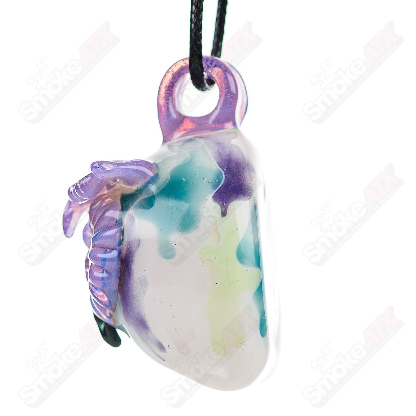 UV Owl Splatter Tech Owl pendant by Four Winds Flameworks, featuring colorful glass owl design with splatter details.