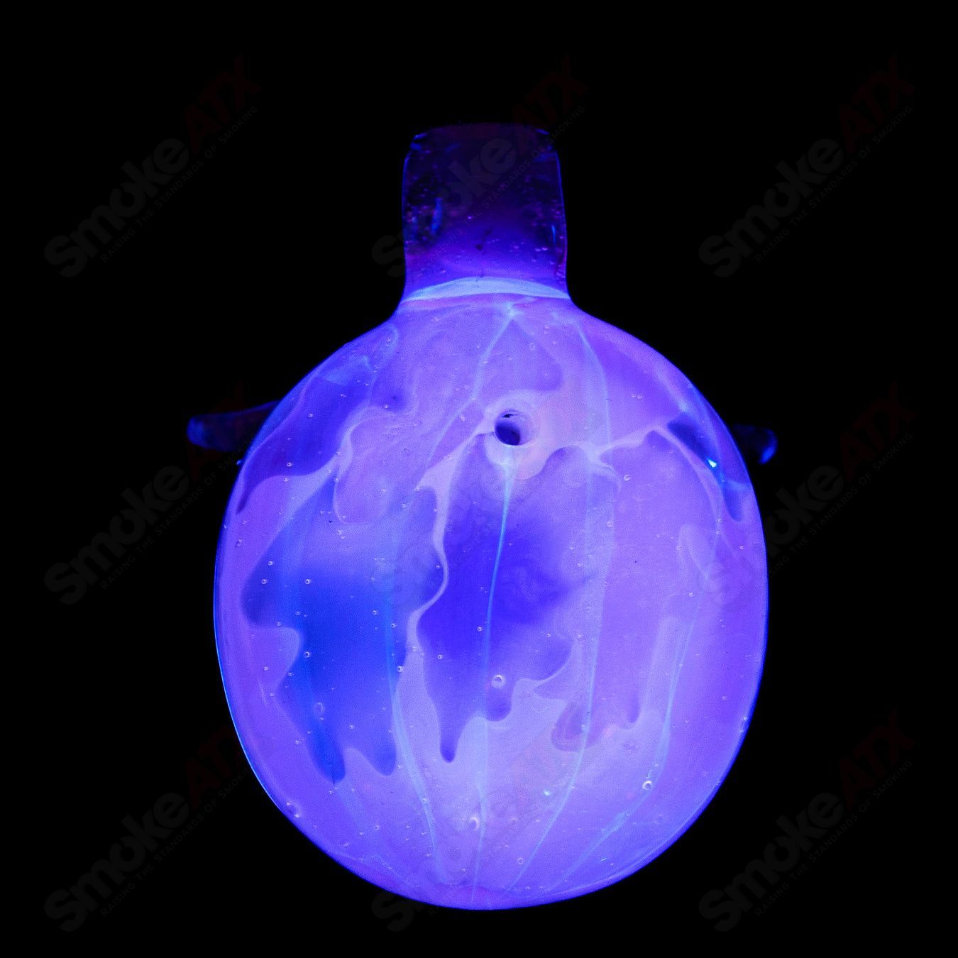 Colorful UV owl pendant made of glass by Four Winds Flameworks, featuring splatter and tech design elements.