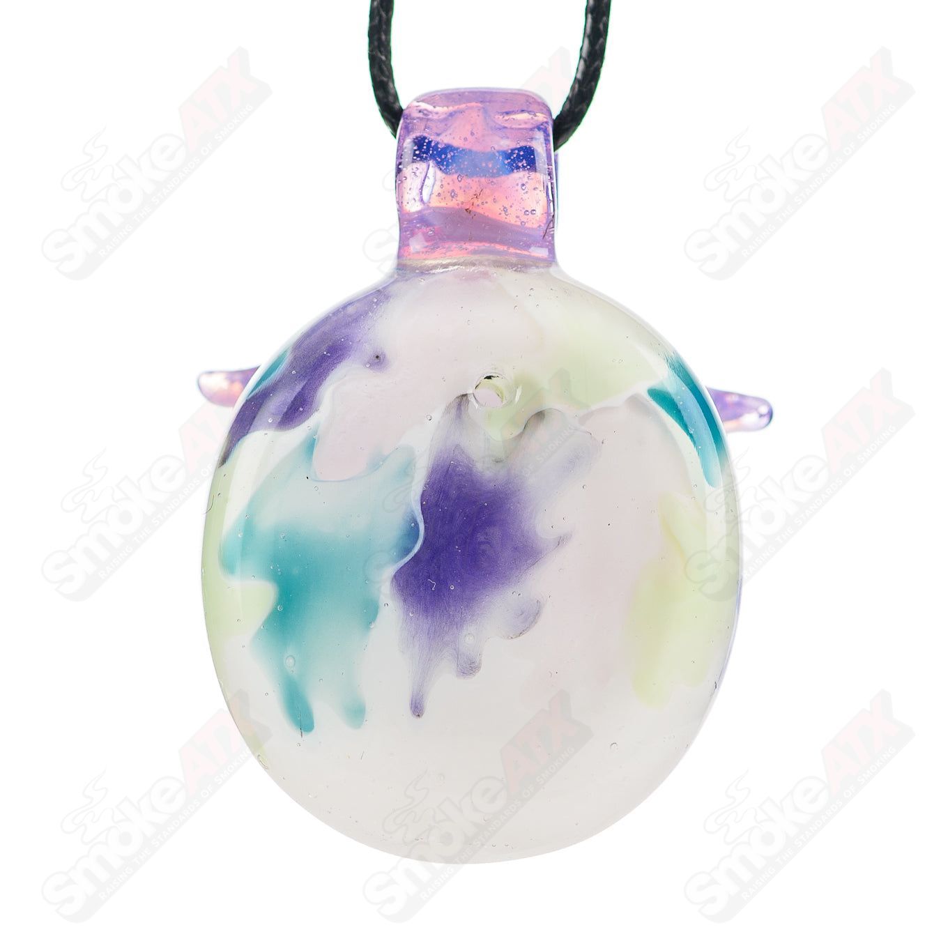 Colorful UV Owl Splatter Tech Owl pendant made of glass by Four Winds Flameworks, featuring intricate splatter design and detailed owl shape.