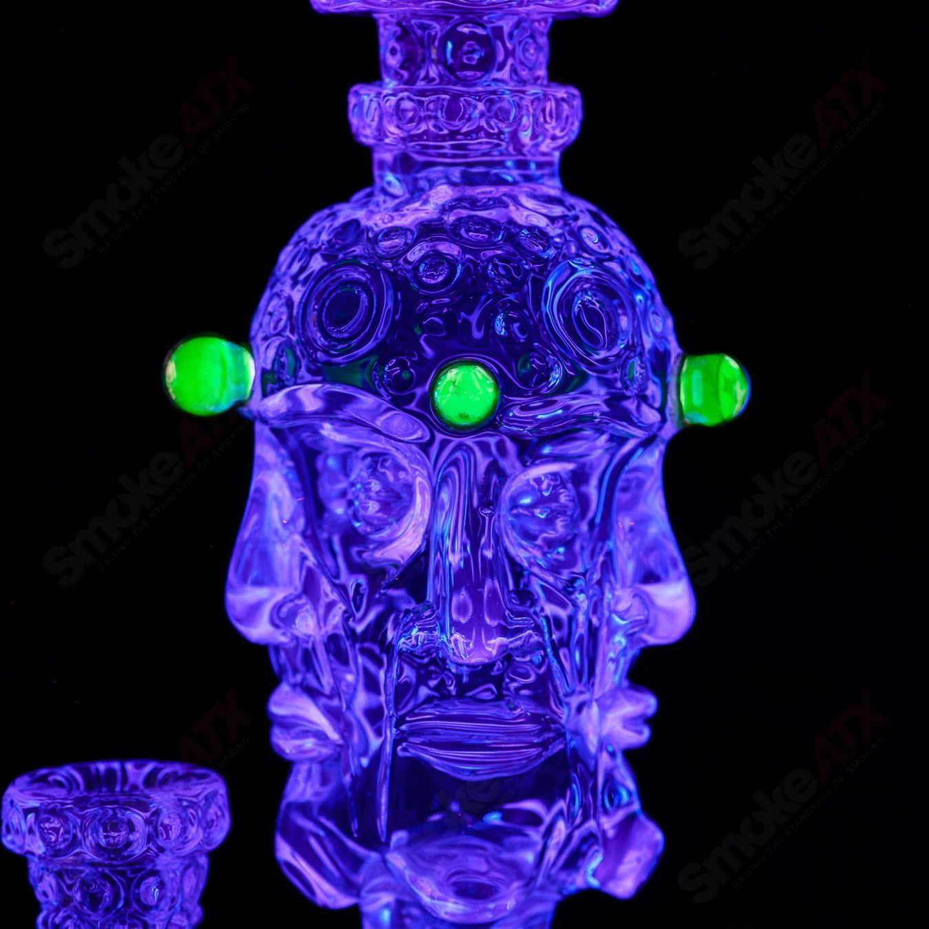 UV Watch Tower concentrate rig by Shane Smith, colorful heady glass with UV-reactive features and intricate design.