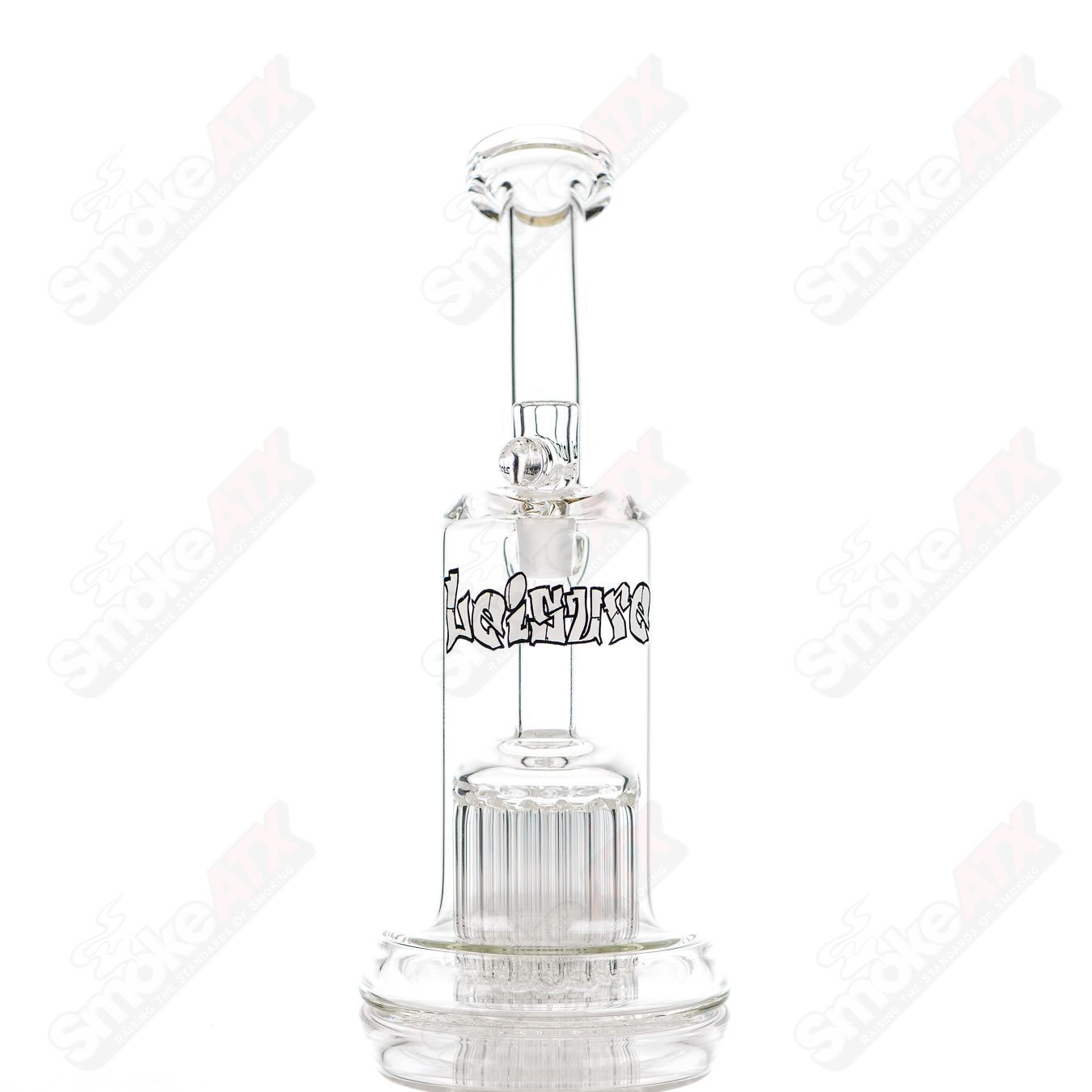 White Label 29-arm bubbler glass by Leisure, clear glass with intricate arm design, perfect for smooth smoking sessions.