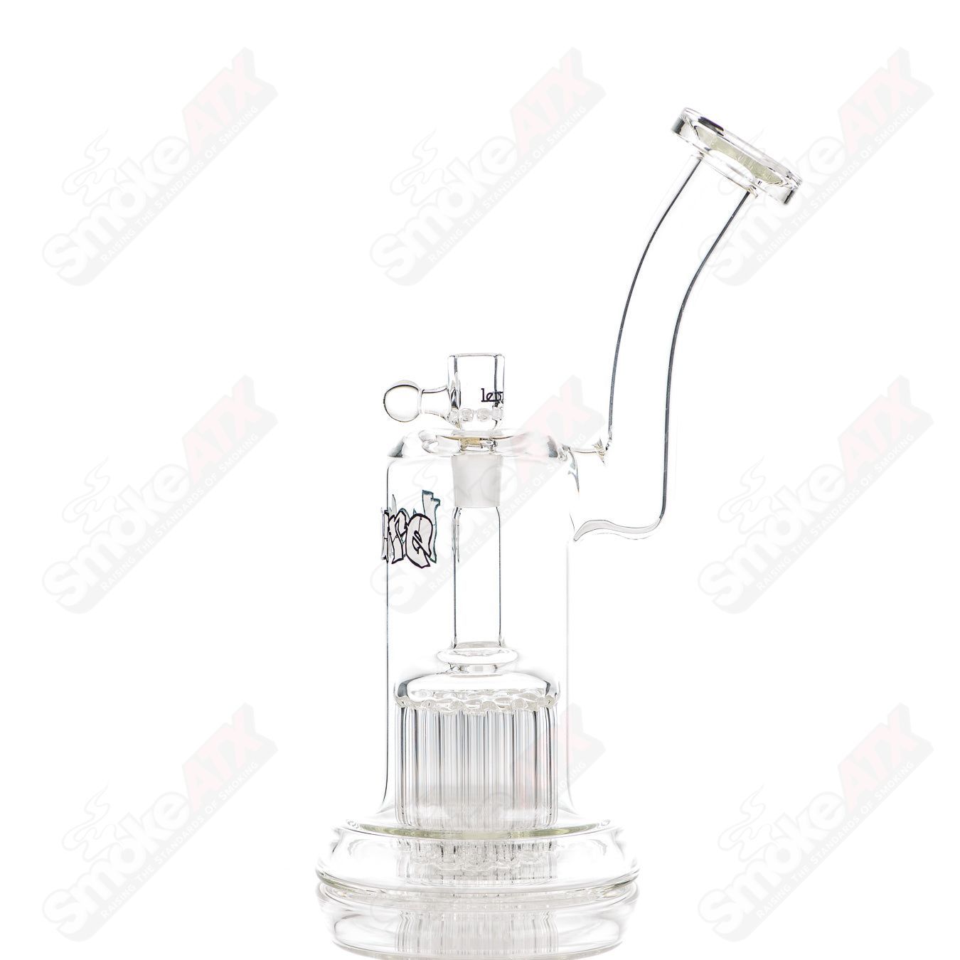 Leisure White Label 29-arm bubbler glass with intricate design, clear glass construction, and a sturdy base for smooth smoking sessions.