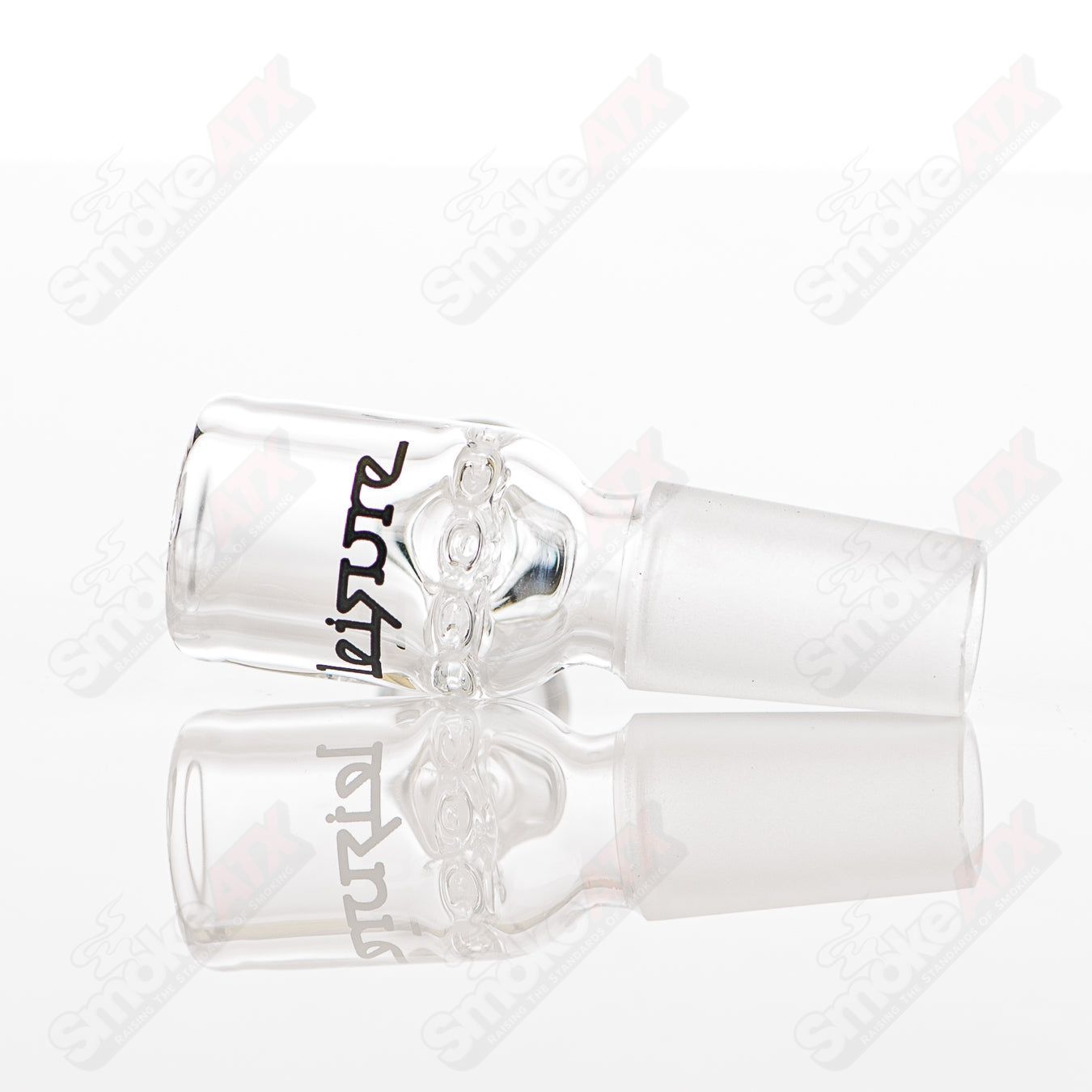 White Label 29-arm bubbler glass by Leisure, clear glass with intricate arm design, used for smoking or vaporizing.