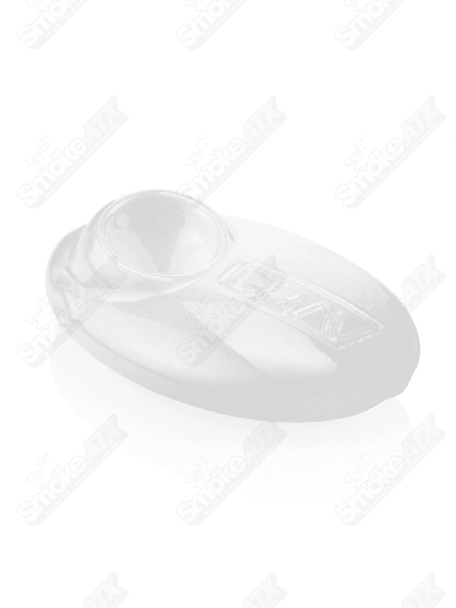 White Pebble Spoon Pipe by Grav Labs, clear glass with textured pebble design, suitable for smoking or vaporizing substances.