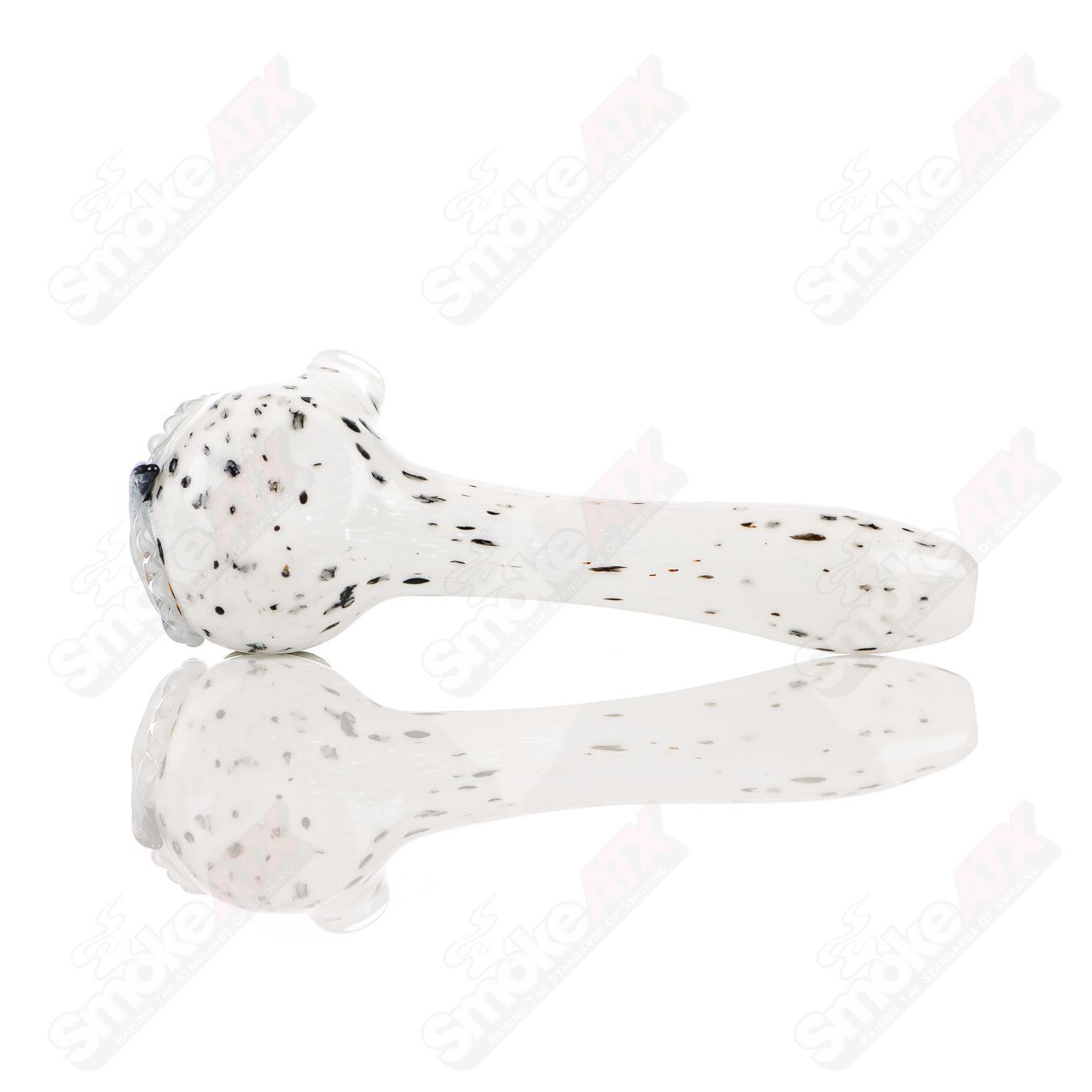 White spotted owl glass spoon pipe by Four Winds Flameworks, featuring detailed owl design and smooth glass construction.