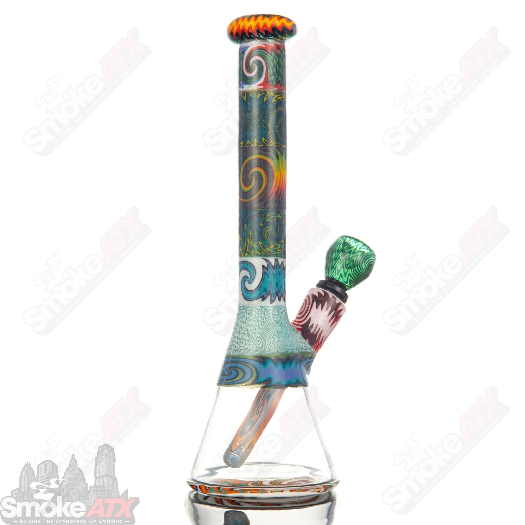 Colorful Wig Wag Beaker with 14-section Strobel Glass heady glass bong featuring intricate design and sturdy beaker base.