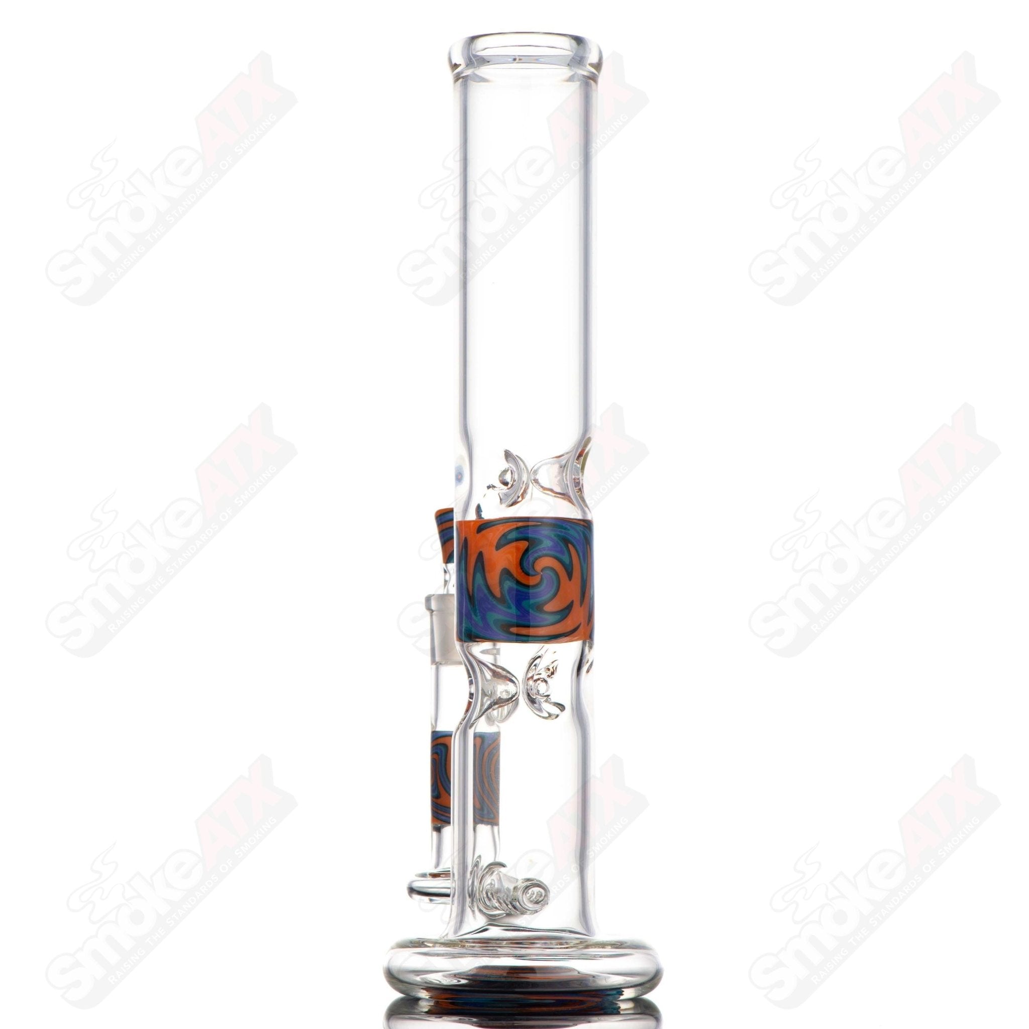 Texas Hot Glass WigWag Inline Hollowfoot THG #1 waterpipe with vibrant orange, blue, and purple glass accents.