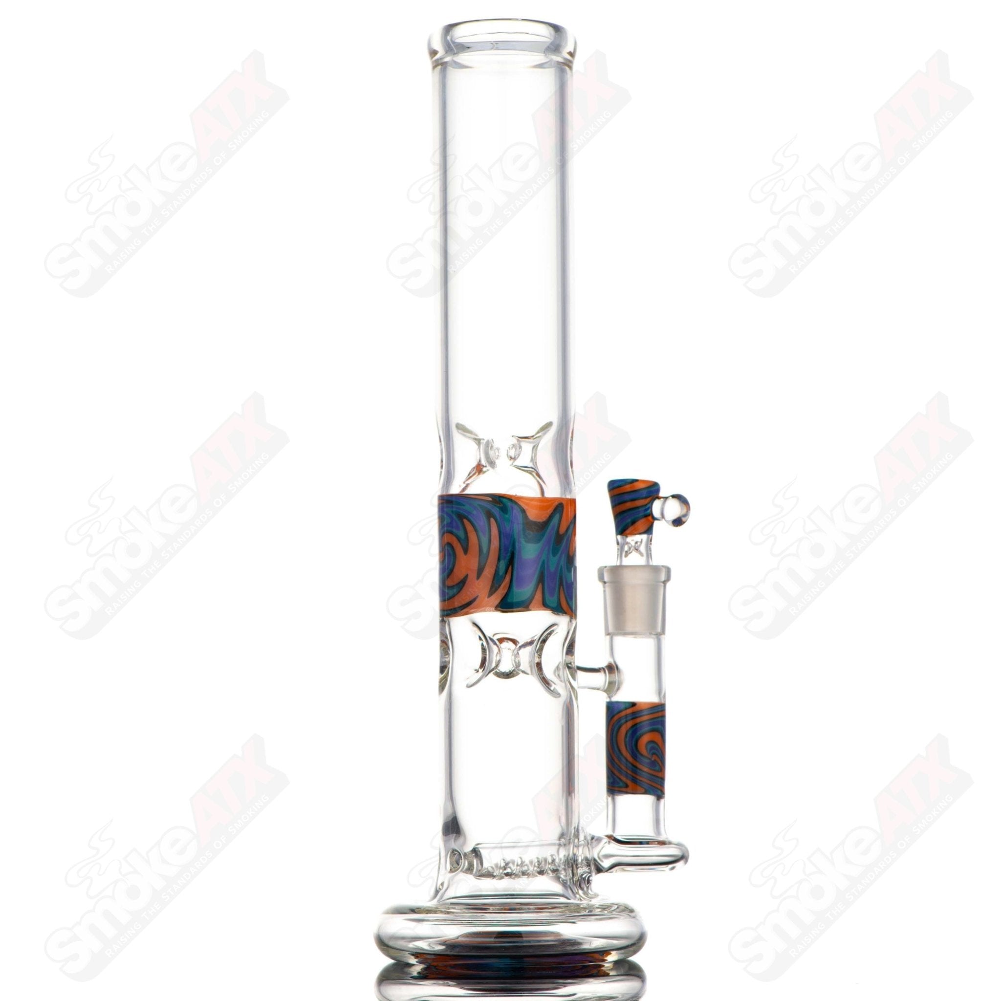 Texas Hot Glass WigWag Inline Hollowfoot Waterpipe in vibrant orange, blue, and purple glass with intricate design details