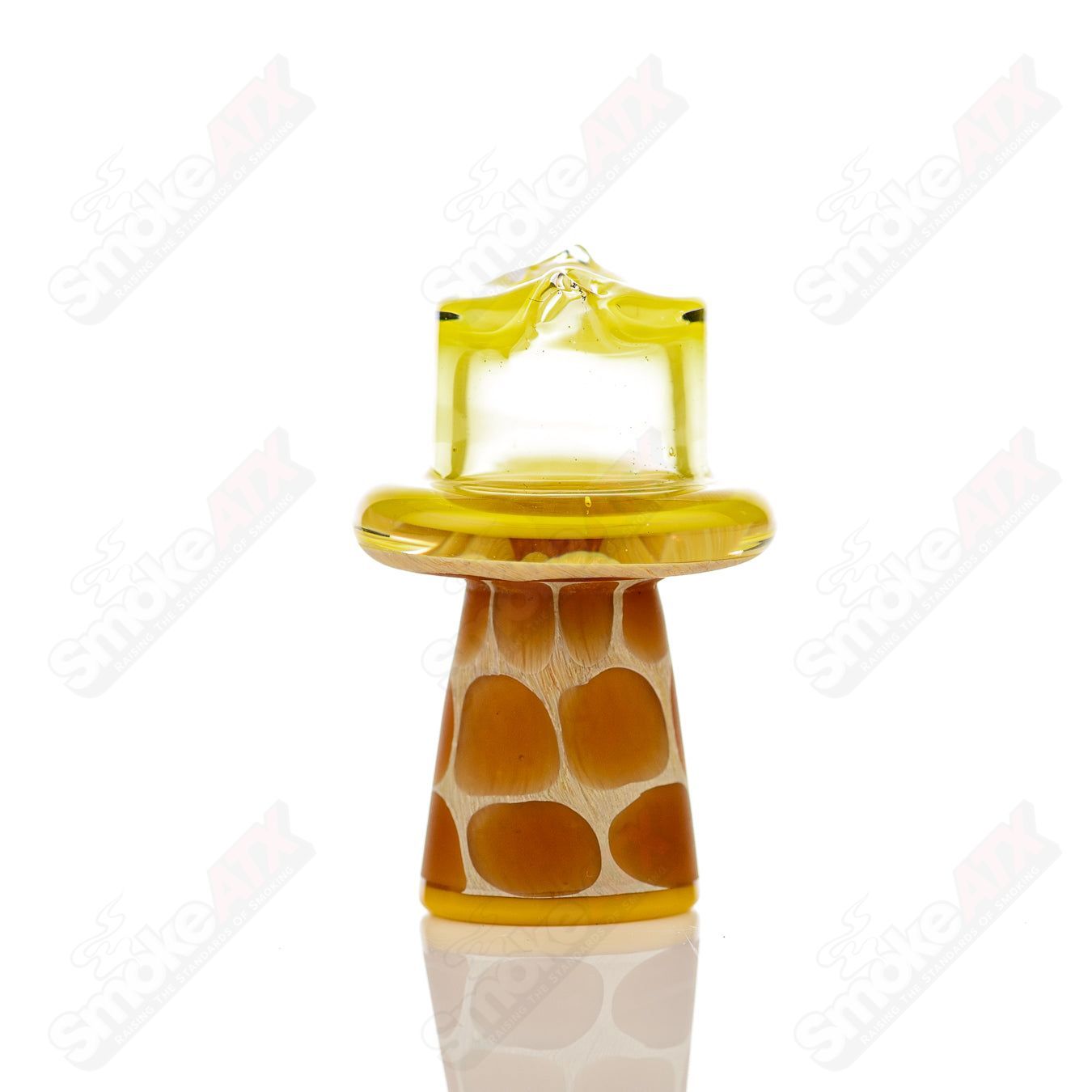 Yellow giraffe-shaped spinner cap with pearl details, designed for Robertson Glass heady glass carb caps.