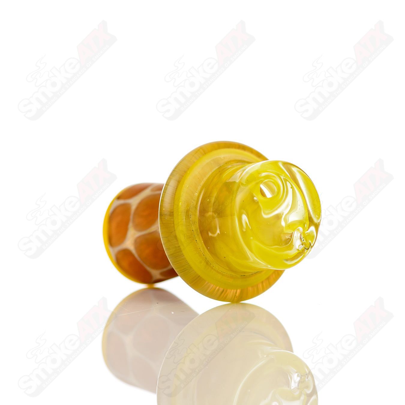 Yellow giraffe-shaped spinner cap with pearl accents, designed for Robertson Glass heady glass carb caps.