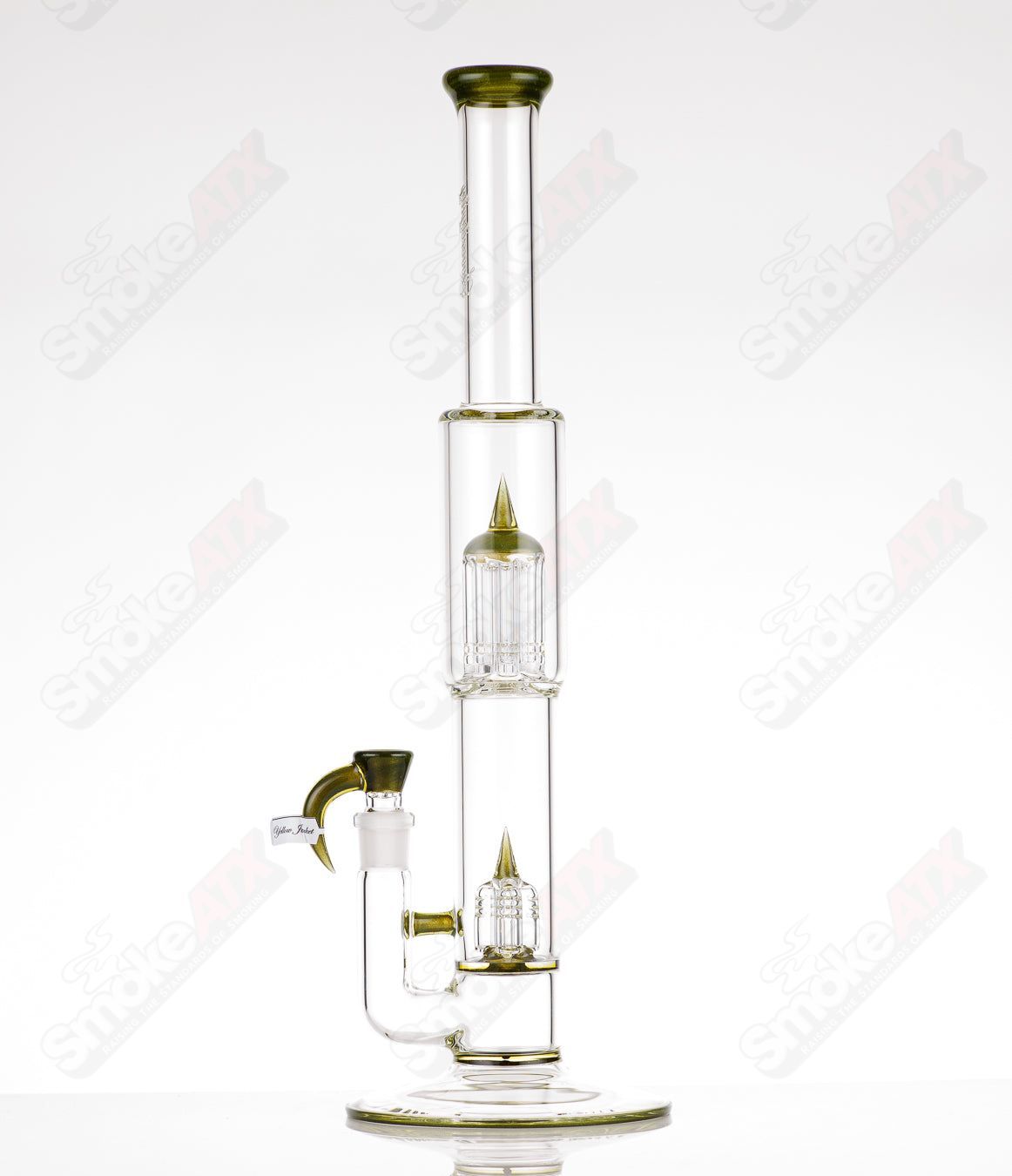 Yellow UV-reactive 8-arm straight tube glass pipe with full accent and seal accents by Sovereignty Glass.